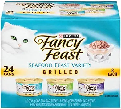 Fancy Feast Grilled Seafood Feast Variety Cat Food 24-3 oz. Cans [Contains: 8 Each: Grilled Tuna Feast, Grilled Salmon Feast, and Grilled Seafood Feast]