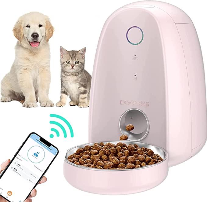 DOGNESS App Wi-Fi Control Automatic Cat Feeders, Dry Food Dispenser for Small Cat Dog Pet, Timed Cat Feeder, Microchip Pet Feeder Up to 15 Portion 6 Meals Per Day, 10s Voice Recorder, Pink