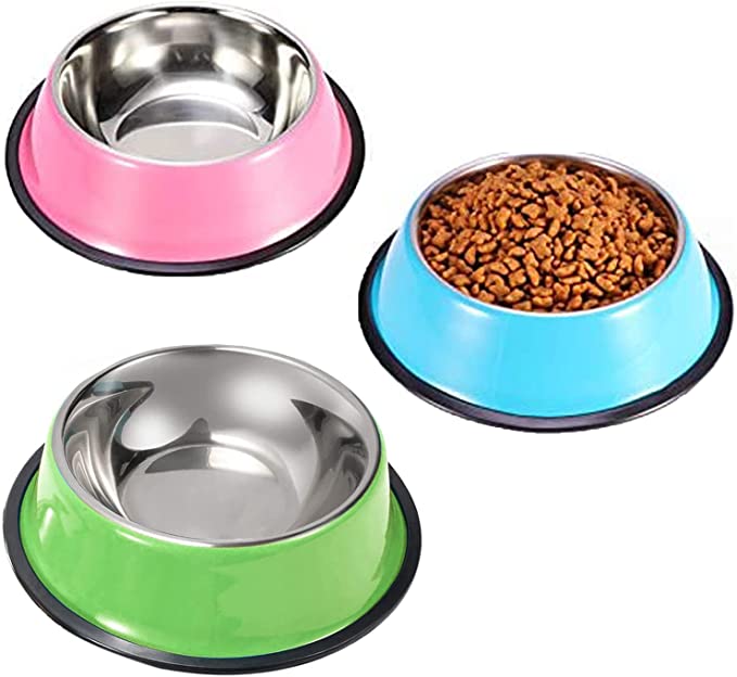 Stainless Steel Cat Bowls 3 Pack, YUDANSI Puppy Small Dogs Animal Bowls for Food and Water, Cat Dish Set for Wet Food or Kibbles, Multifunctional Pet Bowls,  Colored Non Skid Anti Slip Feeding Plate