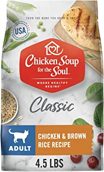 Chicken Soup for the Soul Pet Food - Adult Cat Food, Chicken & Brown Rice Recipe, Soy, Corn & Wheat Free, No Artificial Flavors or Preservatives,4.5 Pound (Pack of 1)