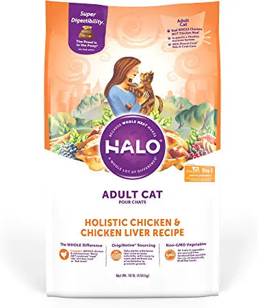 Halo Adult Dry Cat Food, Chicken & Chicken Liver 10-Pound Bag