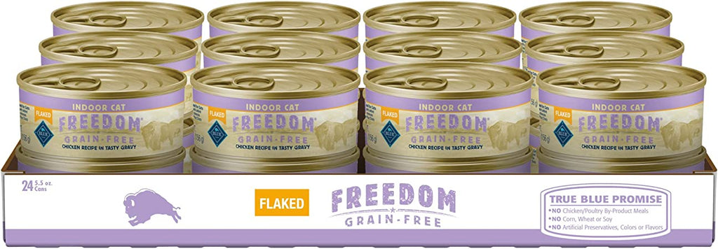 Blue Buffalo Freedom Grain Free Natural Adult Flaked Wet Cat Food, Indoor Chicken 5.5-oz cans (Pack of 24)