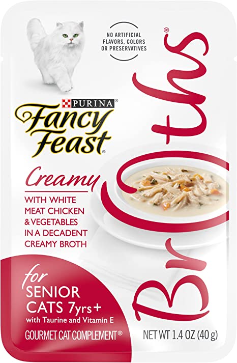 Fancy Feast Purina High Protein, Limited Ingredient Senior Wet Cat Food Complement, Broths Creamy with Chicken - (16) 1.4 oz. Pouches