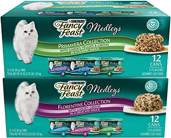 Fancy Feast Duo Premavera & Florentine Set Cat Food Wet Medleys (1 Pack Each Primavera & Florentine, 24 cans Total)