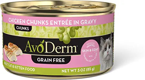 Avoderm Natural Grain Free Wet Cat Food, Chicken Chunks Entrée In Gravy, 3 Oz Cans, Case Of 24