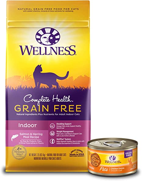 Wellness Complete Health Natural Grain Free Salmon & Herring Indoor Dry Cat Food, 2.25 Pound Bag + Pate Chicken Entrée, 3 oz, Pack of 24