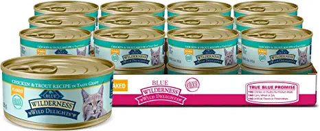 Blue Buffalo Wilderness Wild Delights High Protein Grain Free, Natural Adult Flaked Wet Cat Food, Chicken & Trout 5.5 oz cans (Pack of 24)