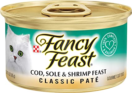 Purina Fancy Feast Grain Free Pate Wet Cat Food, Classic Pate Cod, Sole & Shrimp Feast - (24) 3 oz. Cans