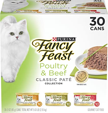 Purina Fancy Feast Grain Free Pate Wet Cat Food Variety Pack, Poultry & Beef Collection - (30) 3 oz. Cans