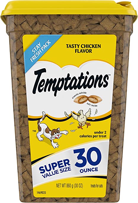 TEMPTATIONS Classic Crunchy and Soft Cat Treats Tasty Chicken Flavor, 30 oz. Tub (Packaging May Vary)