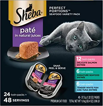 Sheba Perfect Portions Delicate Salmon, Tender Whitefish & Tuna Entrees Wet Cat Food Variety Pack, 2.64 oz., Count of 24