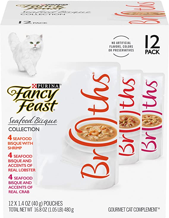 Fancy Feast Purina Limited Ingredient Cat Food Complement Variety Pack, Broths Seafood Bisque Collection - (12) 1.4 oz. Pouches