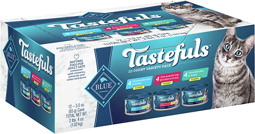 Blue Buffalo Tastefuls Natural Flaked Wet Cat Food Variety Pack, Tuna, Chicken, Fish & Shrimp Entrées in Gravy 3-oz Cans (12 Count - 4 of Each Flavor)