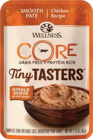 Wellness CORE Tiny Tasters Wet Cat Food, Complete & Balanced Natural Pet Food, Made with Real Meat, 1.75-Ounce Pouch, 12 Pack (Flaked, Minced in Gravy & Pate)