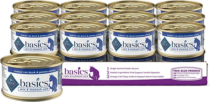 Blue Buffalo Basics Skin & Stomach Care, Grain Free Natural Adult Pate Wet Cat Food, Indoor Duck 3-oz cans (Pack of 24)