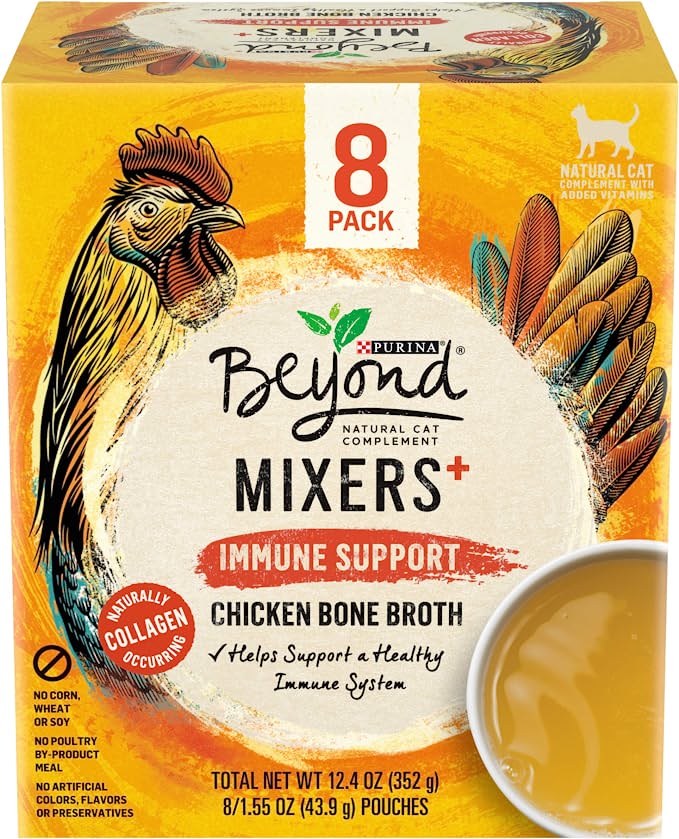 Purina Beyond Mixers+ Natural Cat Food Complement, Immune Support Chicken Bone Broth - (2 Packs of 8) 1.55 oz. Boxes