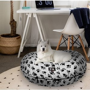 Bessie + Barnie Signature Polka Paws Plush Faux Fur Bagel Cat & Dog Bed, White, X-Small