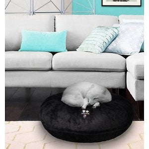 Bessie + Barnie Signature Mid Shag Plush Faux Fur Bagel Cat & Dog Bed, Black, X-Small