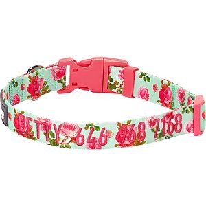 Blueberry Pet Spring Scent Rose Floral Personalized ID Dog Collar, Turquoise , Medium: 14.5 to 20-in neck 3/4-in wide