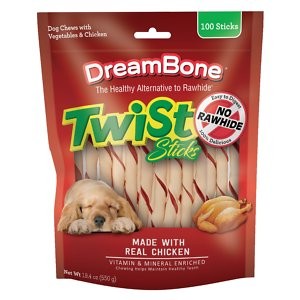 DreamBone Twist Sticks 100 Count, Rawhide-Free Chews Real Chicken Dog Treats, 100 count