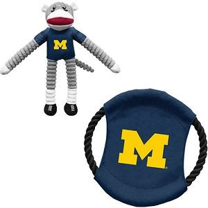 Littlearth NCAA Licensed Sock Monkey Dog Tug Toy & Flying Disc, Michigan Wolverines