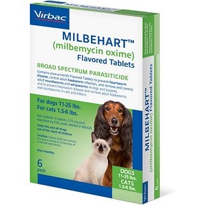 Milbehart Flavored Tablets for Dogs, 11-25 lbs, & Cats, 1.5-6 lbs, (Green Box), 6 Flavored Tablets (6-mos. supply)