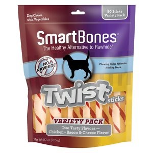 SmartBones Twist Sticks Variety Pack Real Chicken, Bacon & Cheese Flavor Dog Treats, 50 count