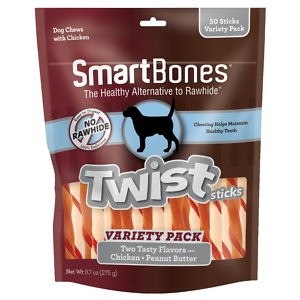 SmartBones Twist Sticks Variety Pack Real Chicken & Peanut Butter Flavor Dog Treats, 50 count