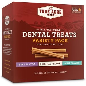 True Acre Foods All-Natural Dental Chew Sticks Variety Pack, Original, Beef, & Mint Flavor, 51 count